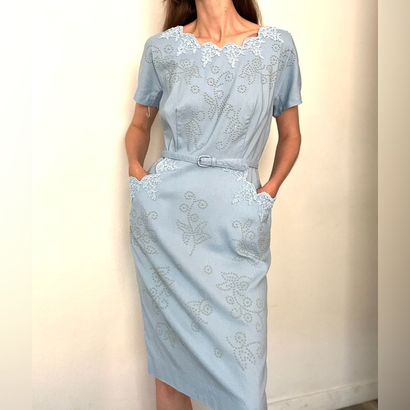 Rare NWT 70s Vintage Light Blue Embellished Belted Dress - Picture 4 of 5